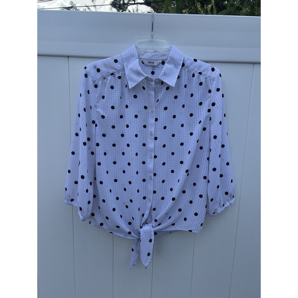 Alia Polka Dot Top Button Up Top 3/4 Sleeves Women's Petite L/XL Semi Sheer